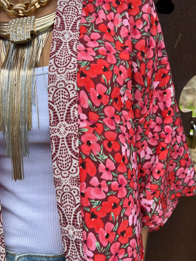 Red Floral Belted Boho Kimono