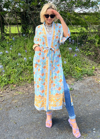 Beige Floral Belted Boho Kimono