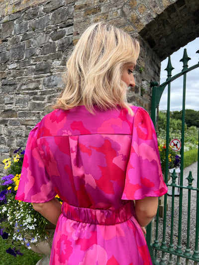 Satin Printed Flutter Sleeve Maxi Dress