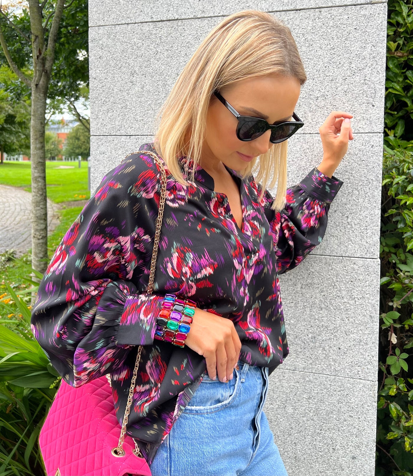 Black Floral Printed Open Collar Blouse