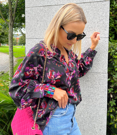 Black Floral Printed Open Collar Blouse