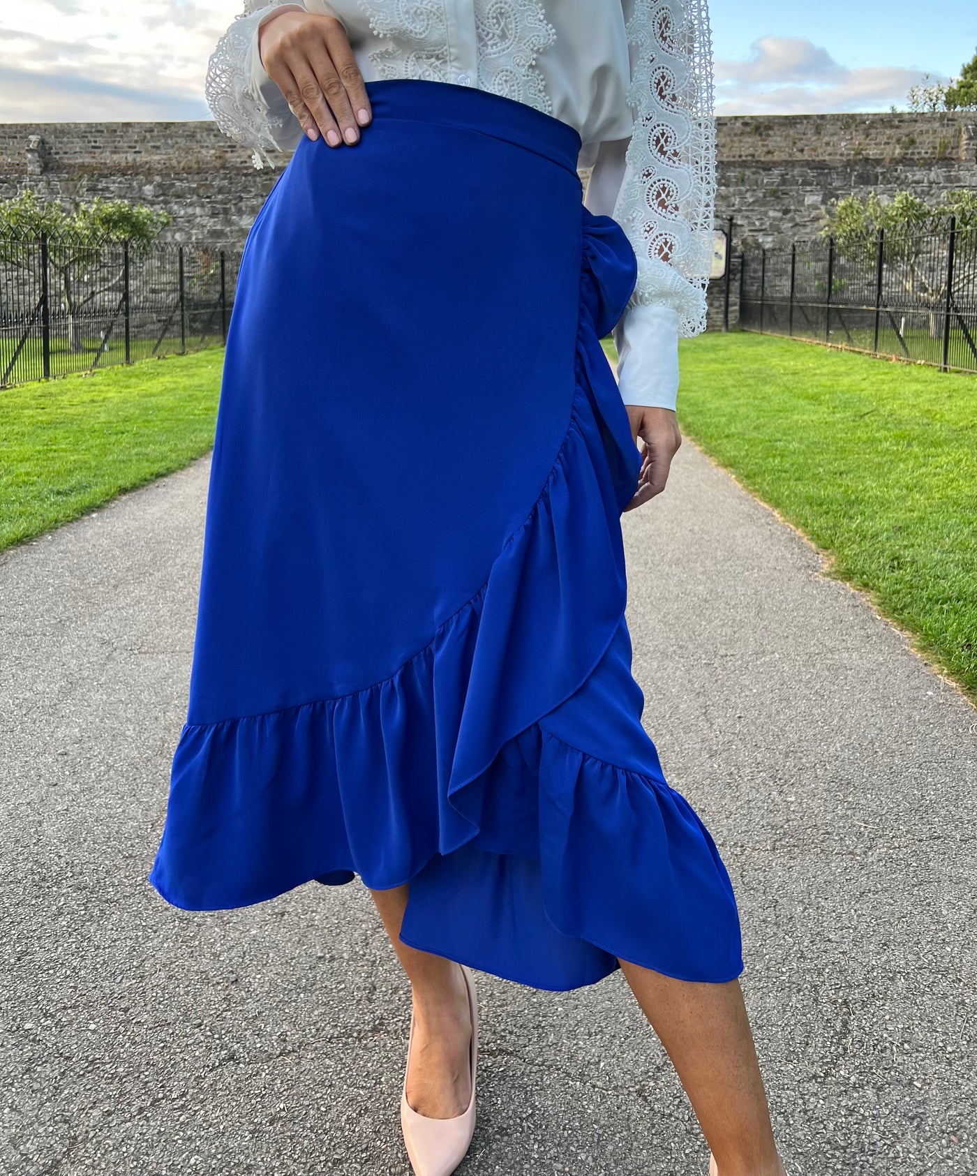 Blue Wrap Frill Midi Skirt
