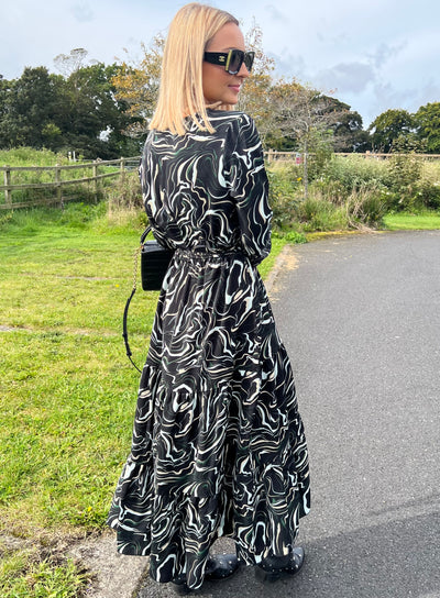 Marble Print Belted Long Sleeve Maxi Dress