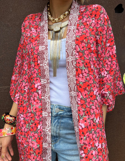 Red Floral Belted Boho Kimono