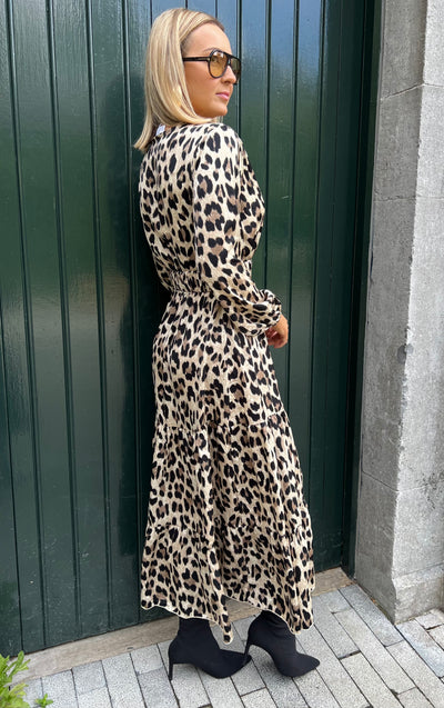Leopard Print Belted Long Sleeve Maxi Dress
