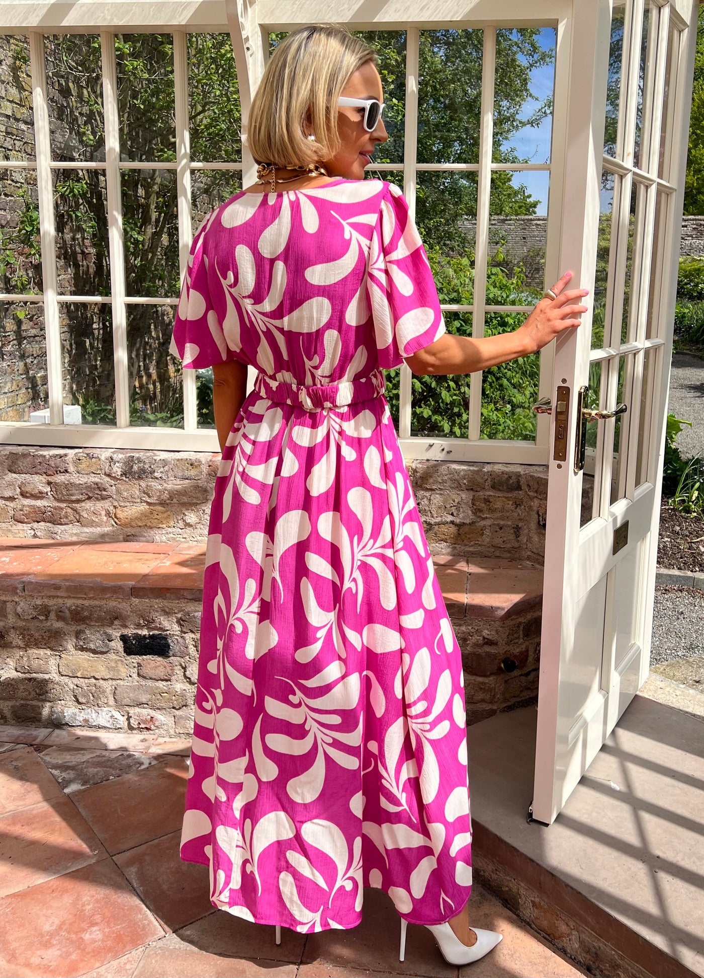 Belted Pink Flutter Sleeve Maxi Dress r3653
