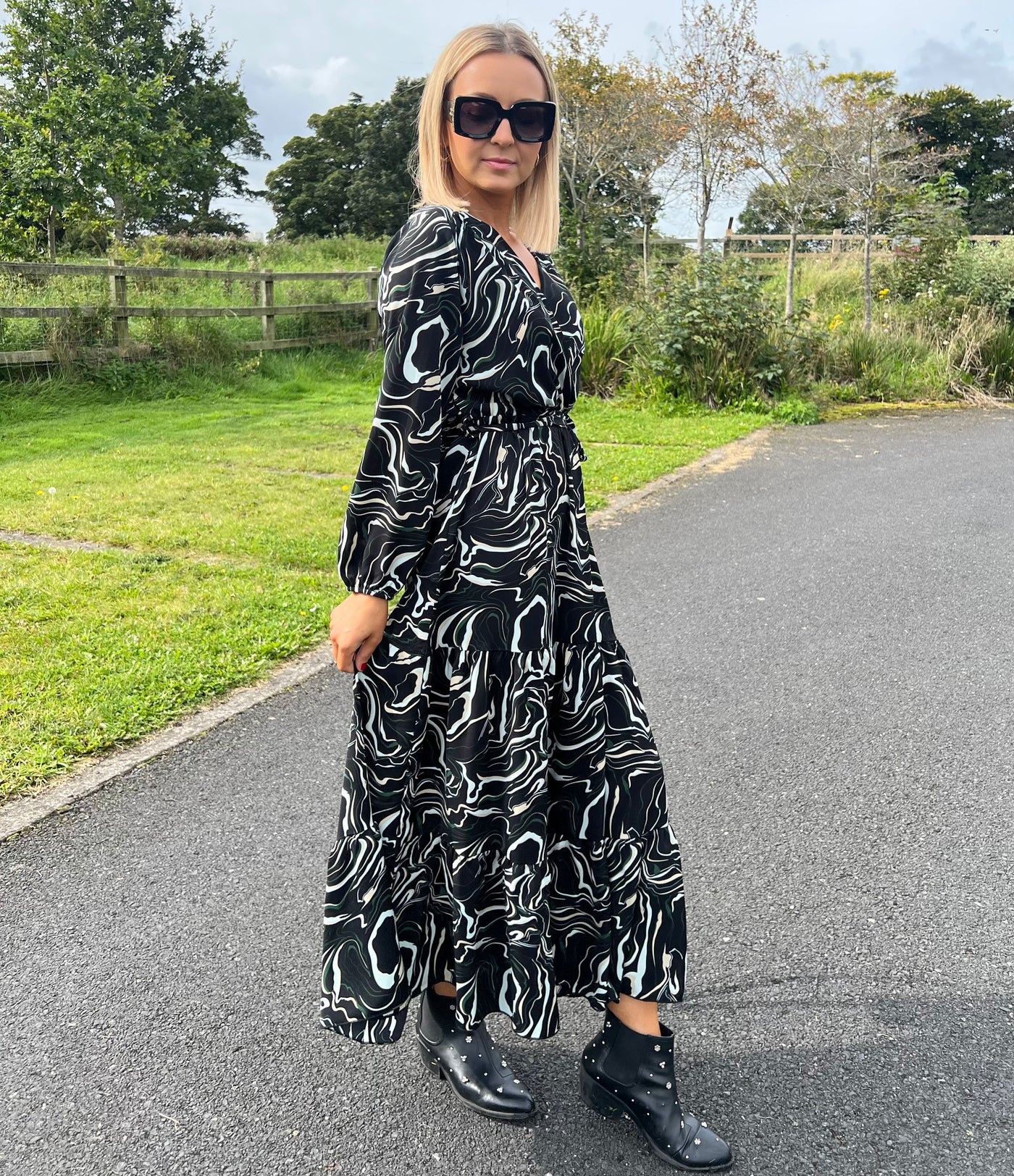 Marble Print Belted Long Sleeve Maxi Dress