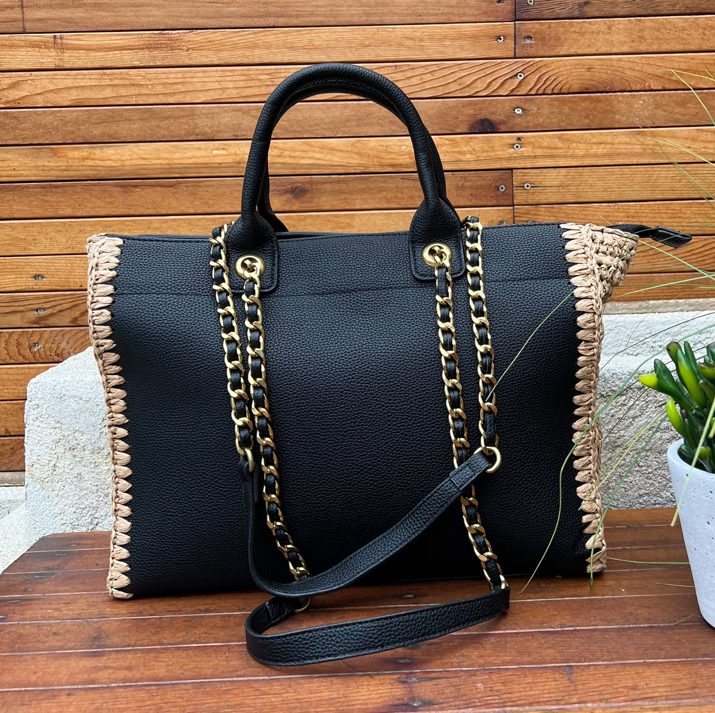 Black Pu Leather Tote Bag With Woven Detail 24025