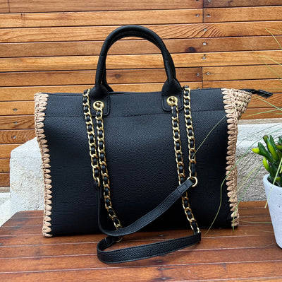 Black Pu Leather Tote Bag With Woven Detail 24025