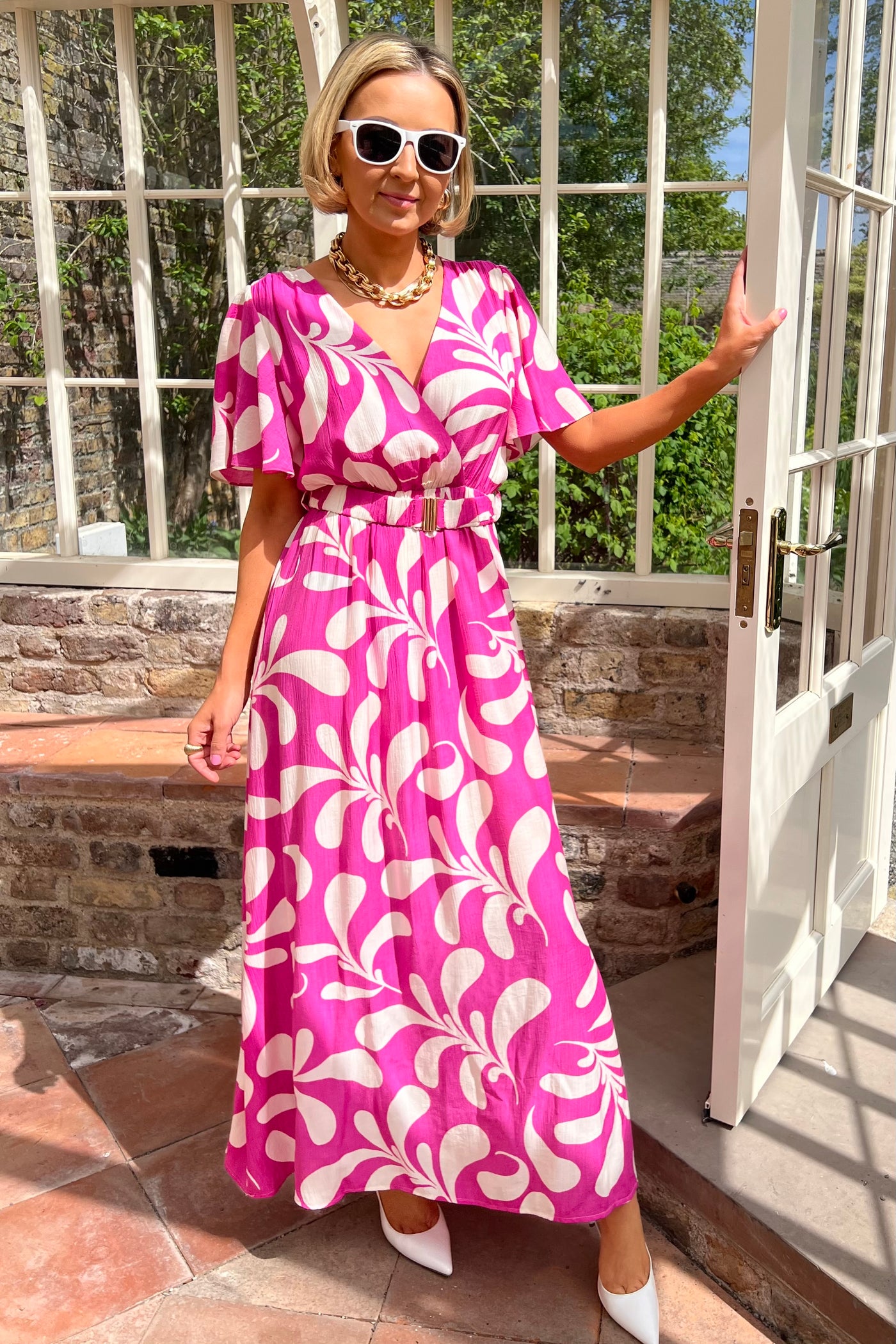 Belted Pink Flutter Sleeve Maxi Dress r3653