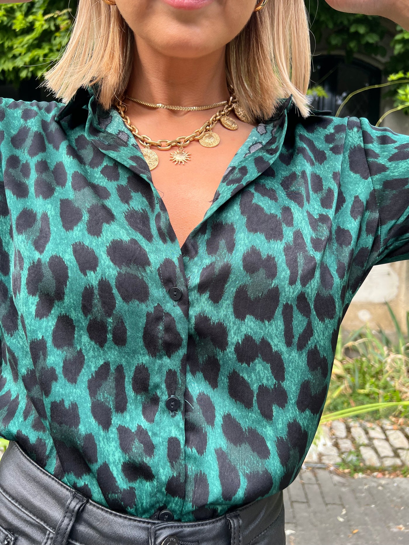 Green Silky Long Sleeve Leopard Shirt