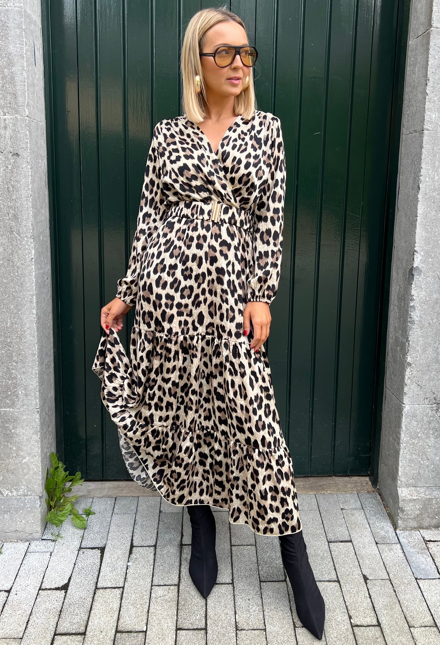 Leopard Print Belted Long Sleeve Maxi Dress