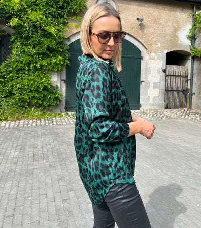 Green Silky Long Sleeve Leopard Shirt