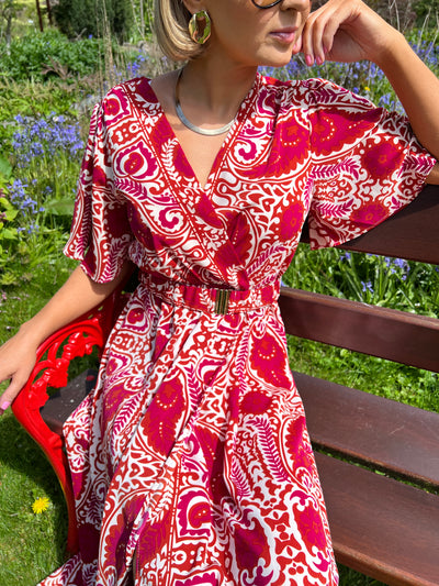 Burgundy Printed Flutter Sleeve Belted Maxi Dress r3688