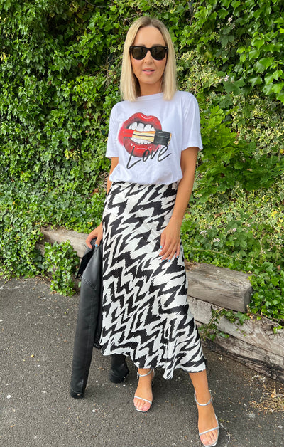 Zebra Print Satin Highwaist Midi Skirt
