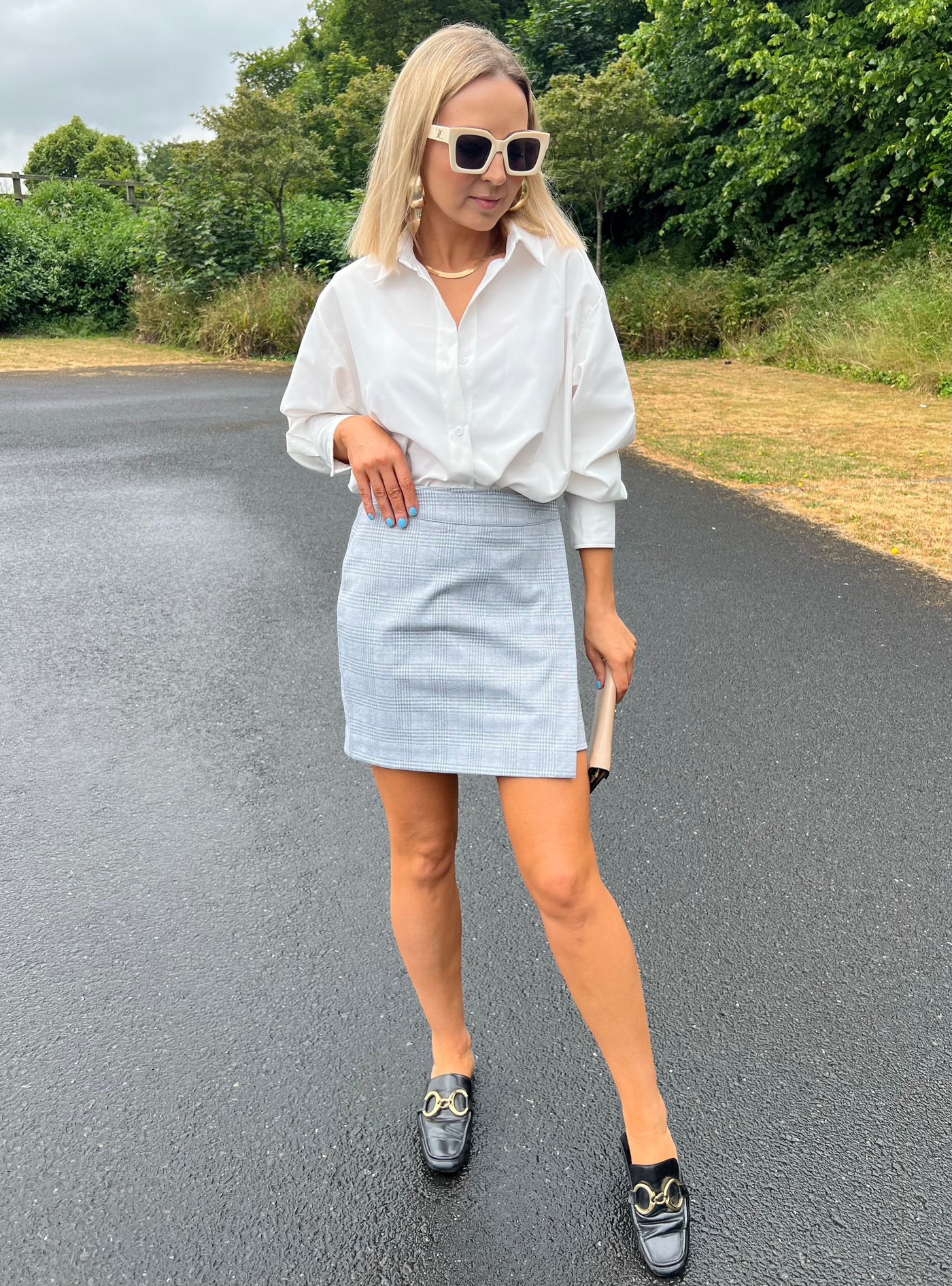 Grey Crossover Check Mini Skirt