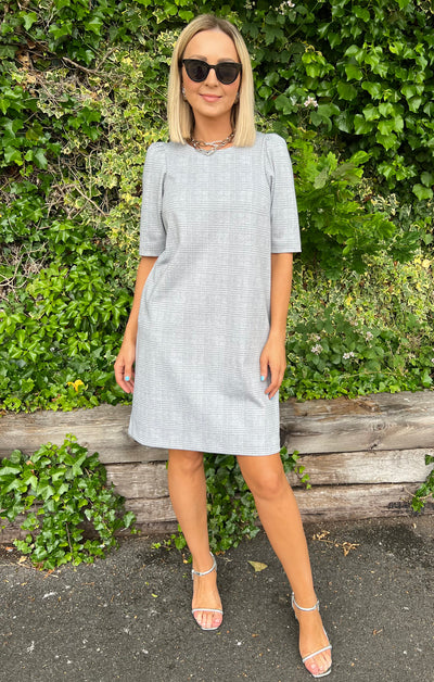 Grey Check Short Sleeve Mini Tunic Dress