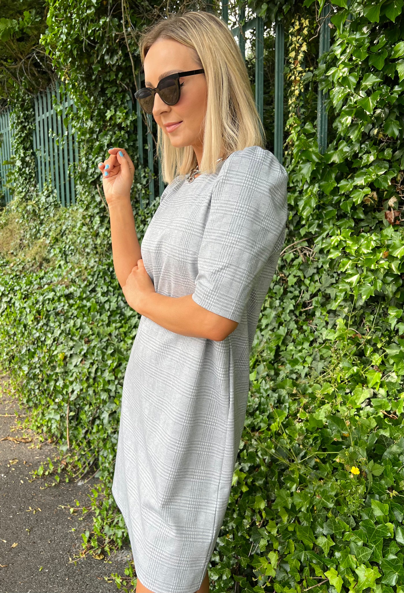 Grey Check Short Sleeve Mini Tunic Dress