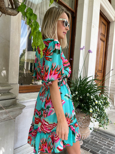 Belted Cape Sleeve Floral Mini Dress
