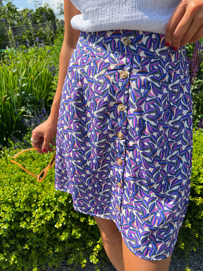 Purple Highwaisted Leaf Print Button Mini Skirt