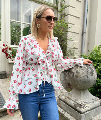 Floral Ruffle Tie Front Cropped Blouse