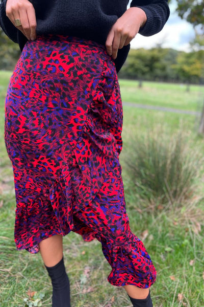 Leopard Print Frill Detail Skirt-Red
