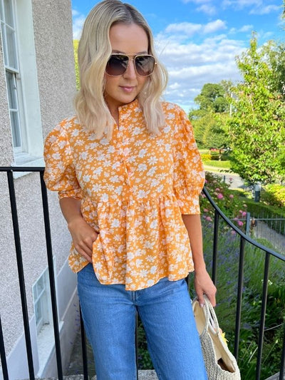 Cropped Floral Peplum Top - Apricot